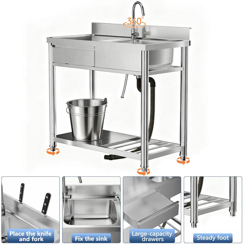 304 Stainless Steel Utility Sink with Workbench&Storage Shelf, Freestanding Prep Table with Left Drawer, 39"Sink Station