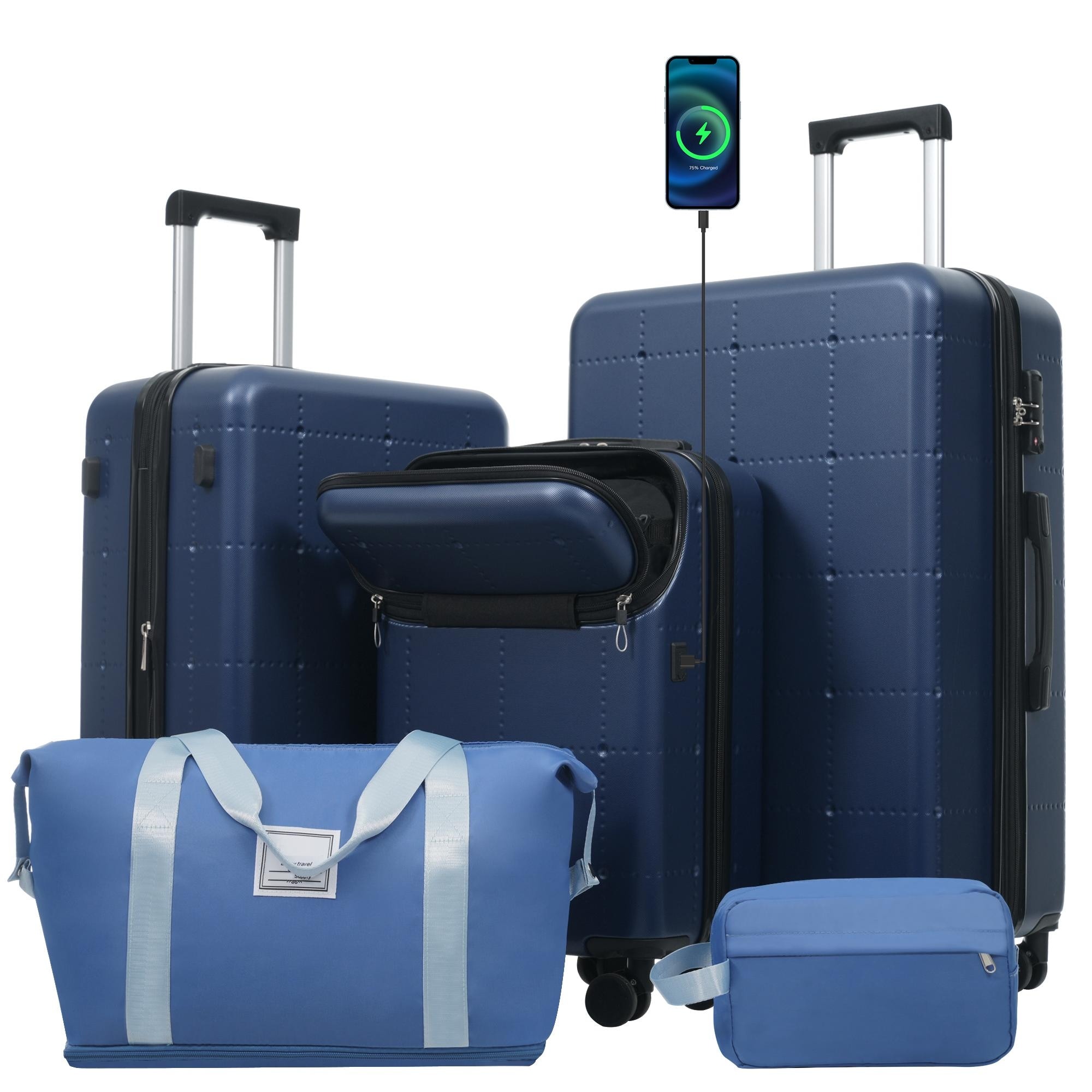 Hardside Luggage Set 5 Piece with Bags, 20IN Half-opening Carry on Luggage with USB Port, 24IN 28IN Luggage with Double Wheels