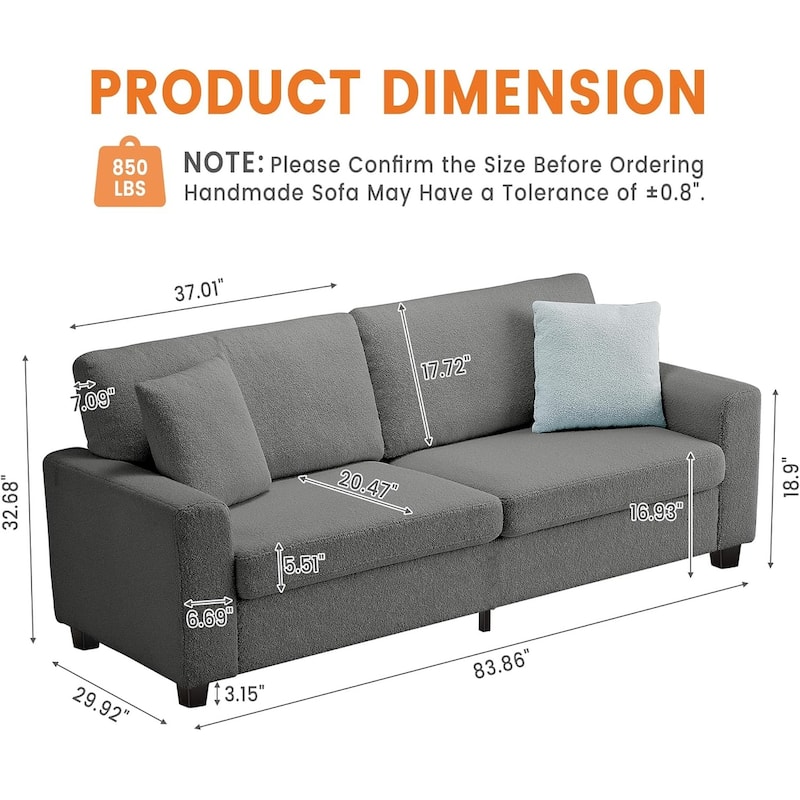83 Inch Modern 3 Seater Sofa with Deep Seats, Comfortable Cloud Couch for Living Room