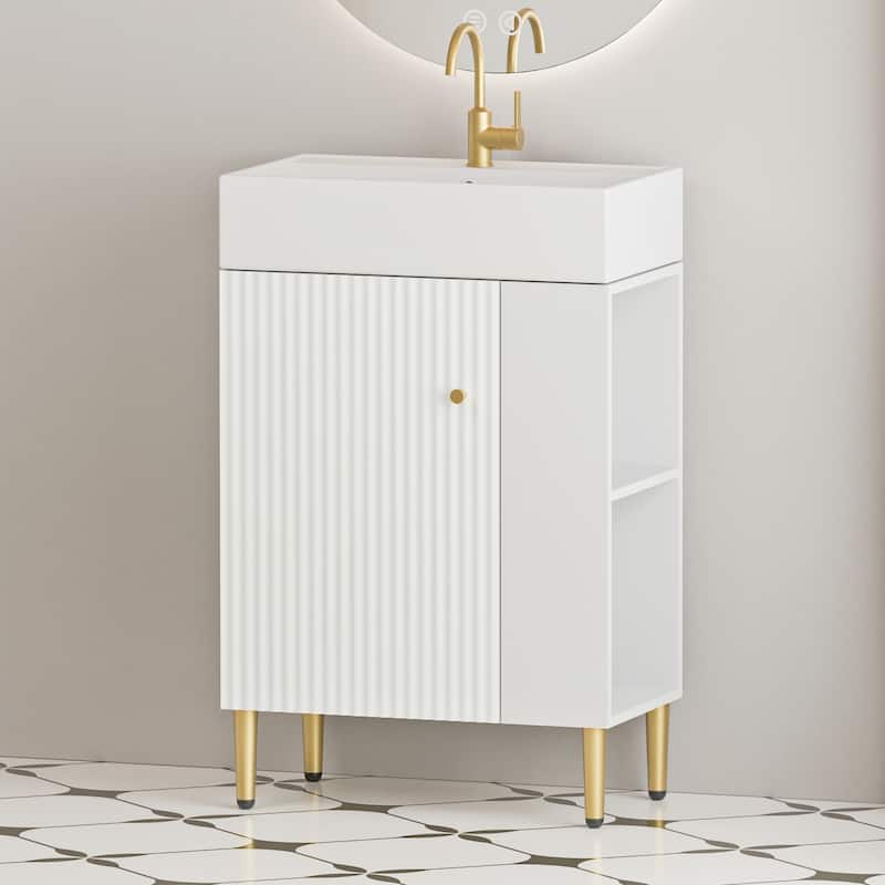 Open-shelving Bathroom Vanity with Ceramic Sink and Soft-Closing Door, Cloakroom Open Shelf Storage Cabinet on the Left Side