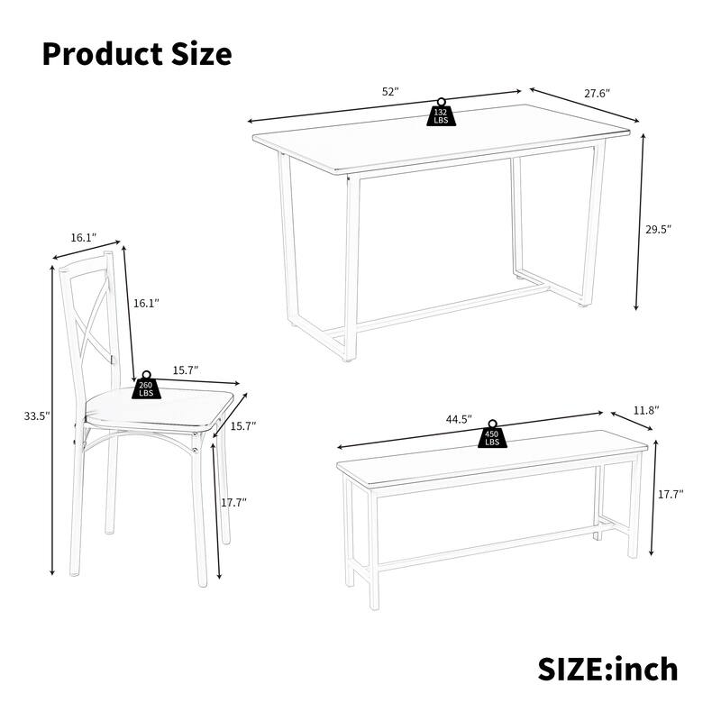 5-Piece Industrial Dining Table Set with 4 Chairs and Bench, Curved X-Shape Steel Frame Chairs, Dark Walnut Dining Table