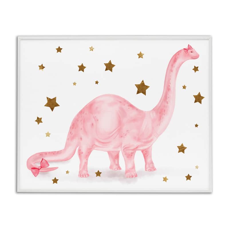 Pink Dinosaur Gold Stars Kids Design Framed Wall Art - 11 x 14 - Wood - White