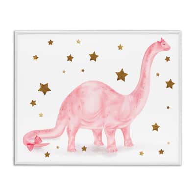 Pink Dinosaur Gold Stars Kids Design Framed Wall Art