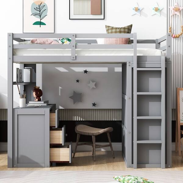 slide 2 of 15, Versatile Wardrobe Storage Bed Twin Gray Loft Bed with Desk, Drawers Gray - Twin
