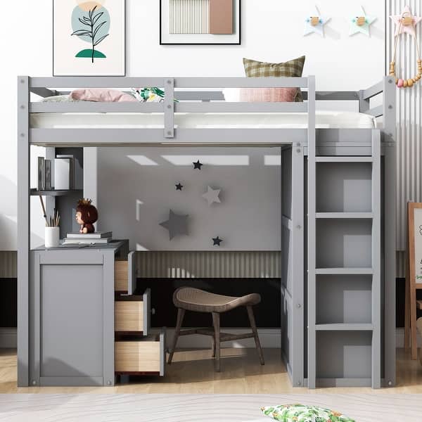 slide 2 of 18, Versatility Twin Size Wooden Loft Bed with 3 Storage Drawers, Safety Guardrail Bed with Desk and Wardrobe Gray