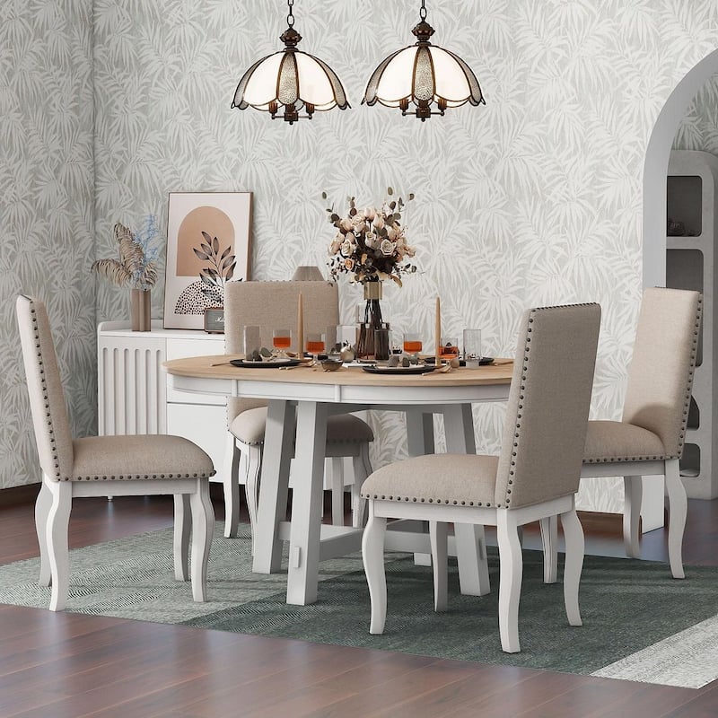 Wooden Round Drop Leaf Extendable Dining Table Set with 4 Upholstered Chairs