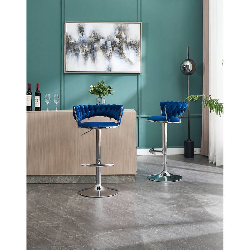 Set of 2 Bar Stools,with Chrome Footrest and Base Swivel, Height Adjustable, Velvet Upholstered + Chrome Leg Simple Bar Stool