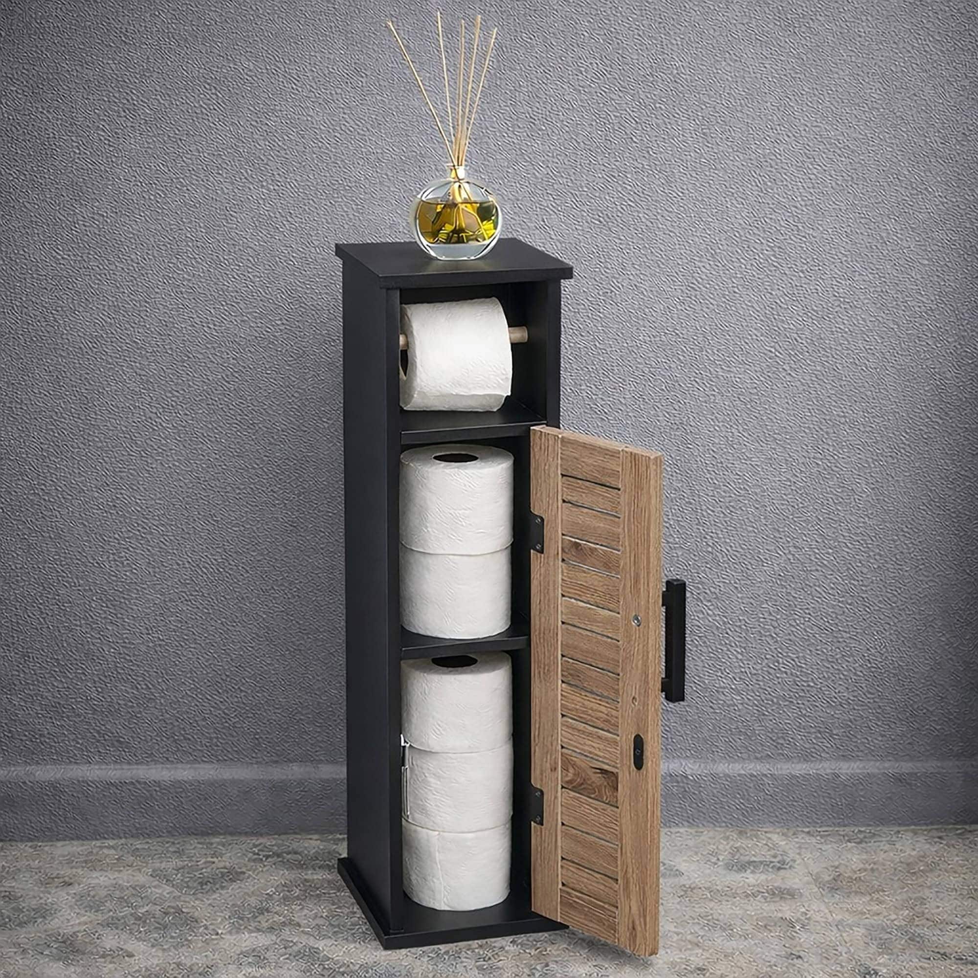 Mounting UP Toilet Paper Holder Stand With Storage Shelf – Freestanding Roll Dispenser & Bathroom Organizer, Holds 6 Rolls, Black, Compact Design