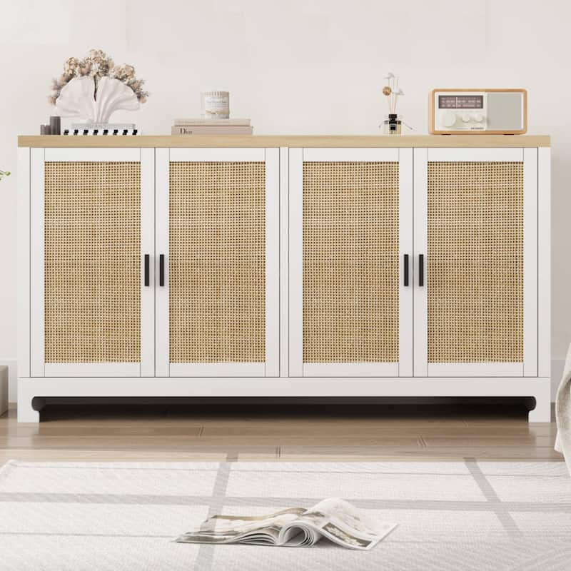Rattan Buffet Storage Cabinet with 4 Doors and Shelf - White