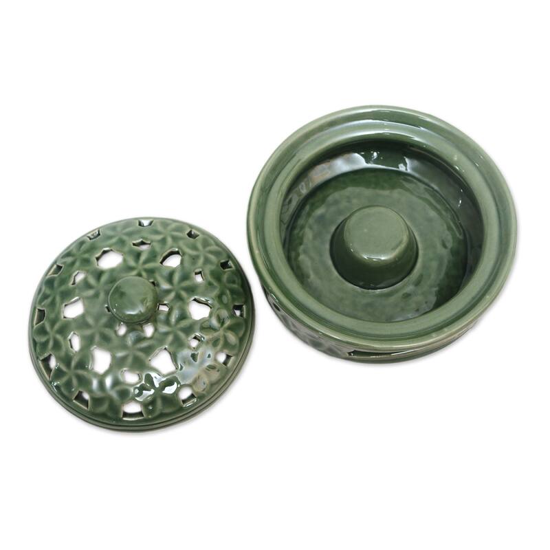 Novica Handmade Plumeria Blooms In Green Porcelain Mosquito Coil Holder