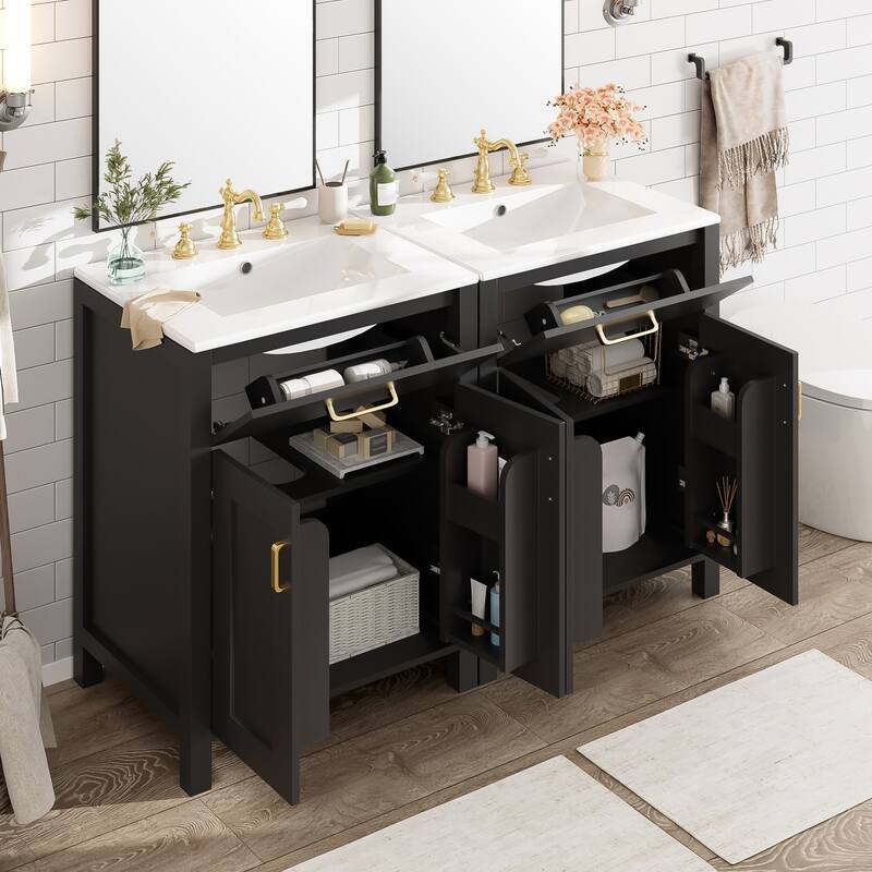 Modern 48" Bathroom Vanity Cabinet with Sinks, Flip Drawers, Double-Layer Door Shelves, Gold Handles and Soft-Close Doors
