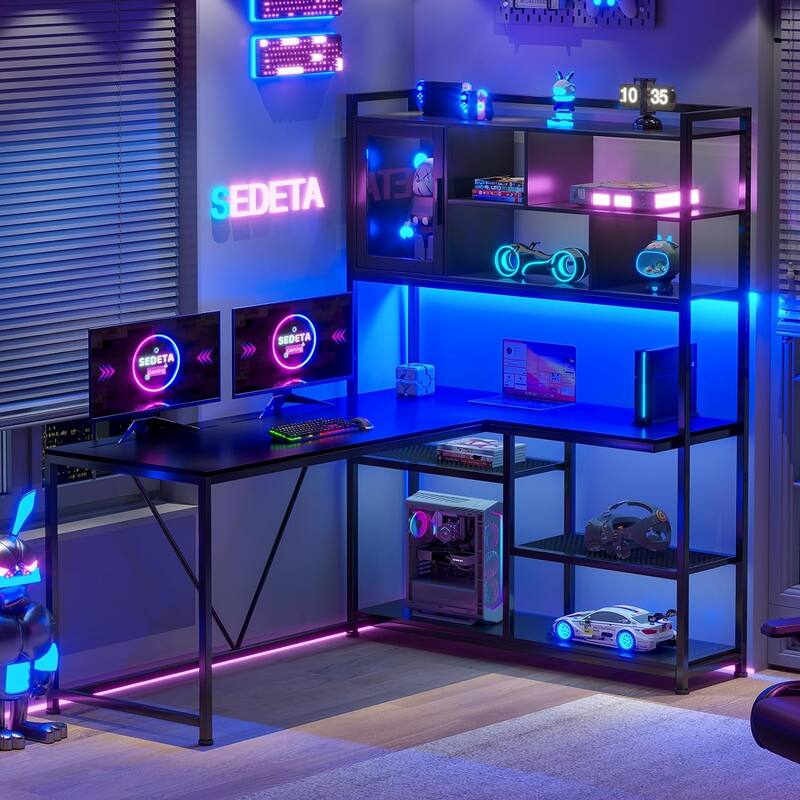 L Shaped Computer Gaming Corner Desk LED Light Storage Bookshelf