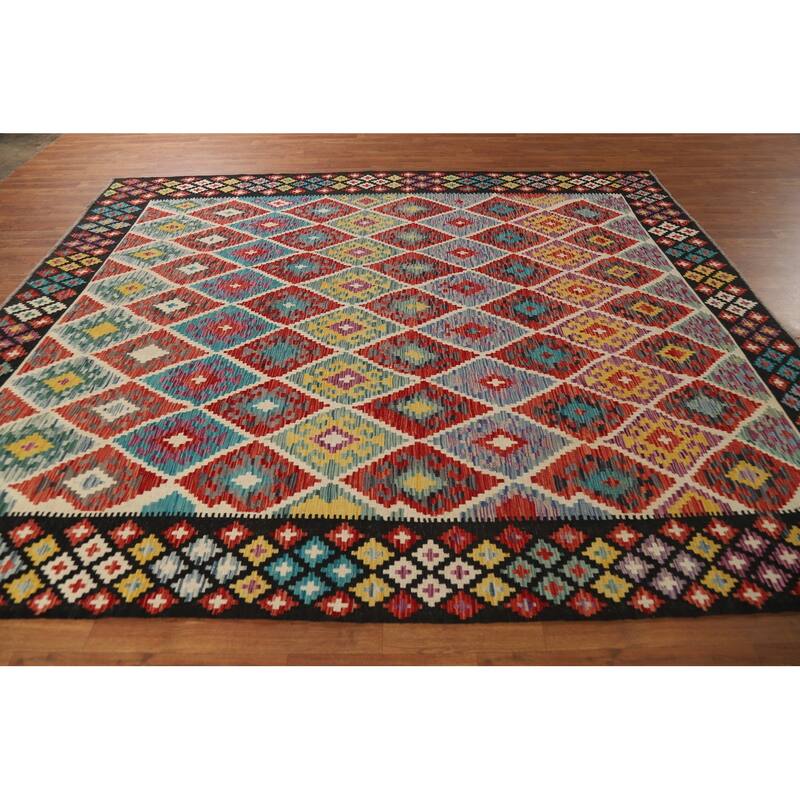 Reversible Oriental Kilim Area Rug Hand-Woven Multi-Color Wool Carpet - 8'3" x 9'8"