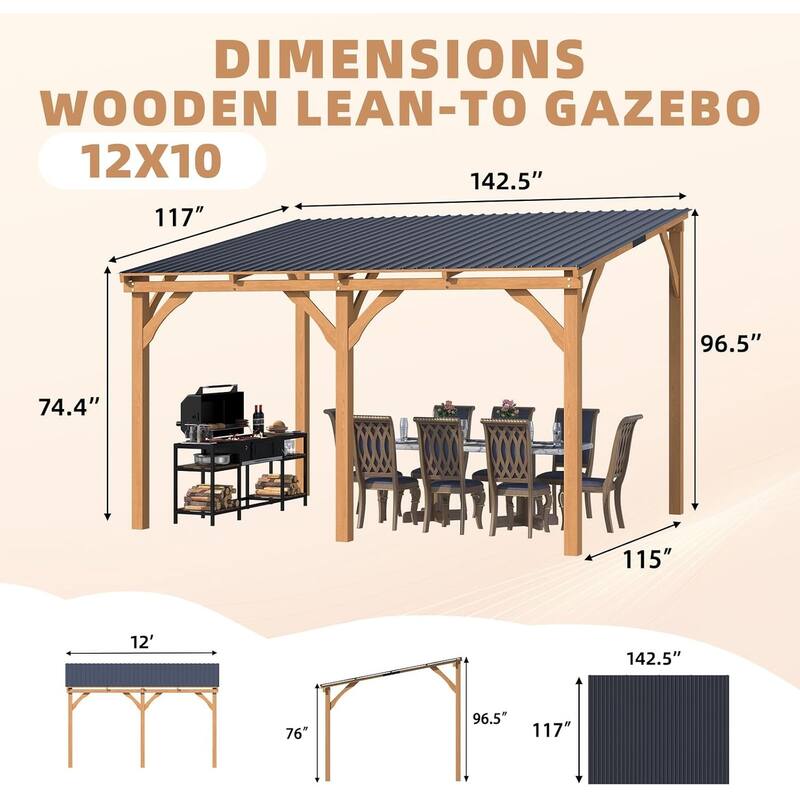AECOJOY Outdoor Wood Gazebo for Patio, Outdoor Lean to Hardtop Cedar Pergolas and Gazebos Clearance