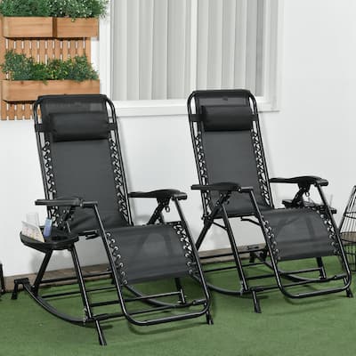 2 Pieces Folding Chaise Lounge Chair with Cup Holder Tray & Footrest, Outdoor Water-proof Reclining Rocking Chair