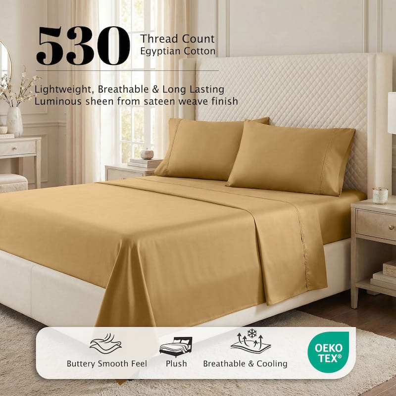 Superior Egyptian Cotton 530 TC Sheet Set Sateen Weave, Deep Pocket, Ultra‑Soft & Breathable Bedding