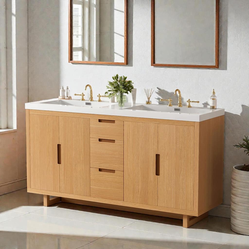 59.3" Modern Bathroom Vanity with Resin Sink, 4 Doors & 3 Drawers, Handle-Free Design, Soft-Close Hinges & Hidden Slides