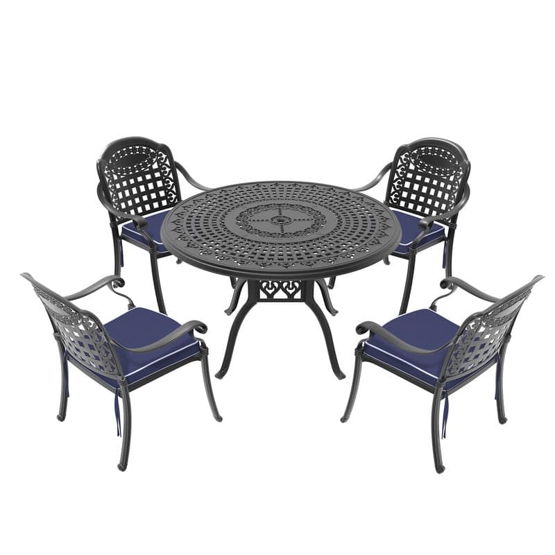 5-Piece Cast Aluminum Outdoor Dining Set with 47.24 in. Round Table and Blue Seat Cushions