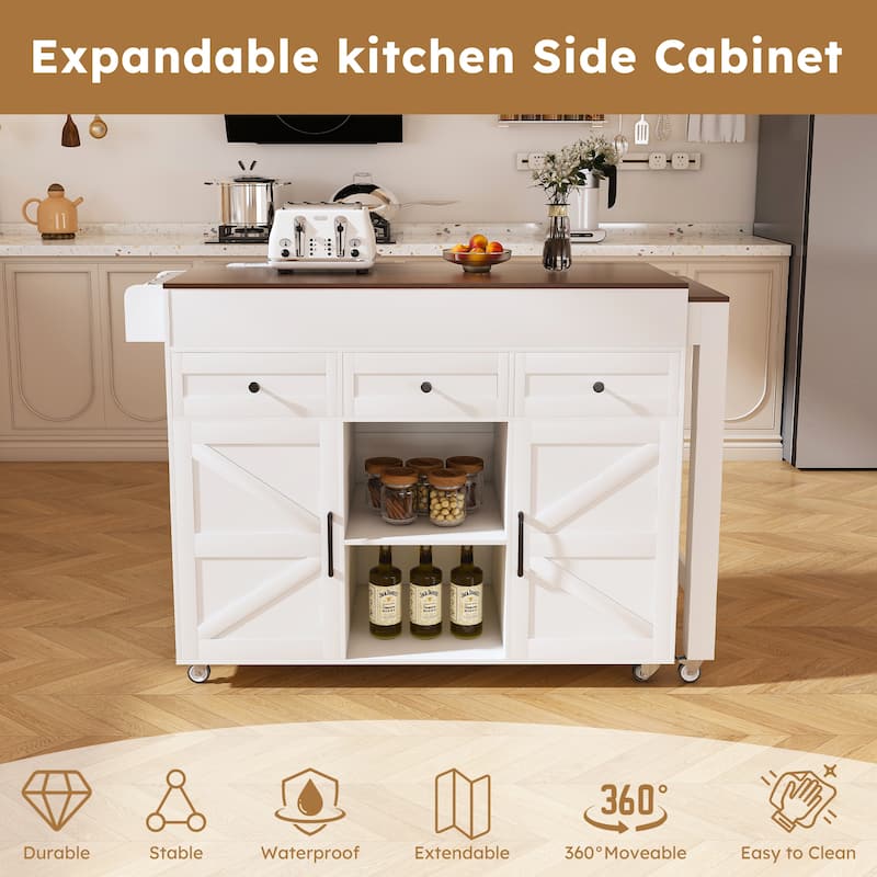 Kitchen Island with Extendable Dining Table, Kitchen Storage Cart on Wheels with 2 Drawers, Rolling Extendable Island Cart