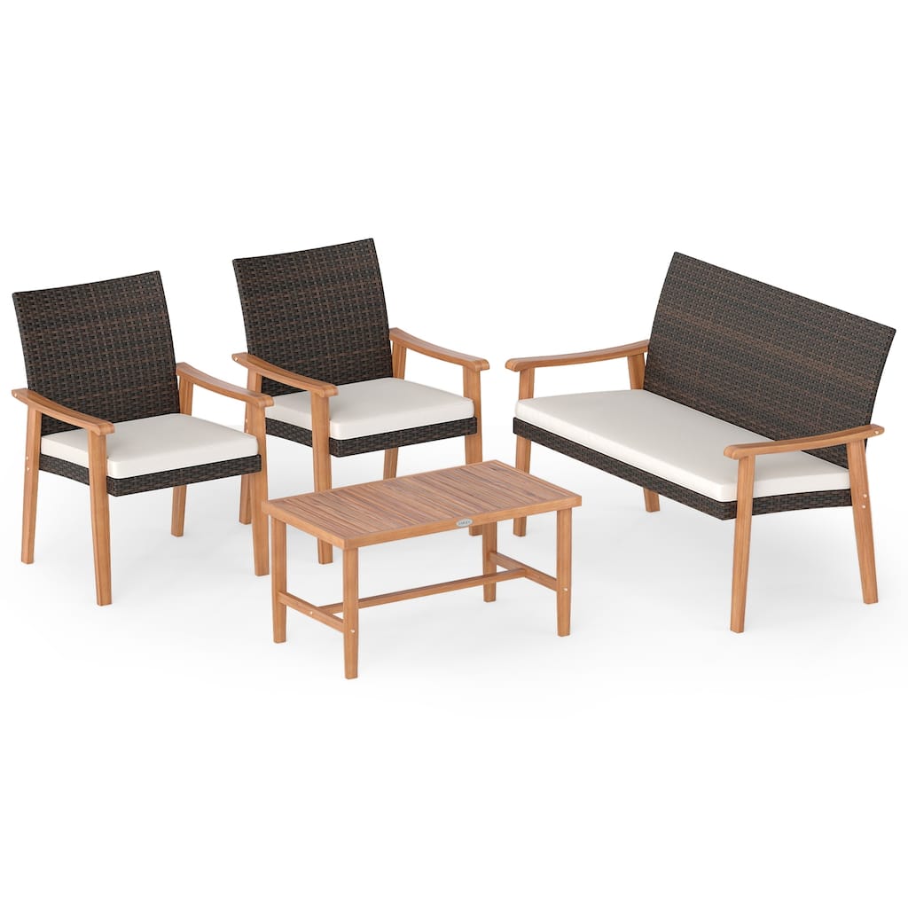 Gymax 4 PCS Patio Furniture Set w/Acacia Wood Coffee Table & Soft