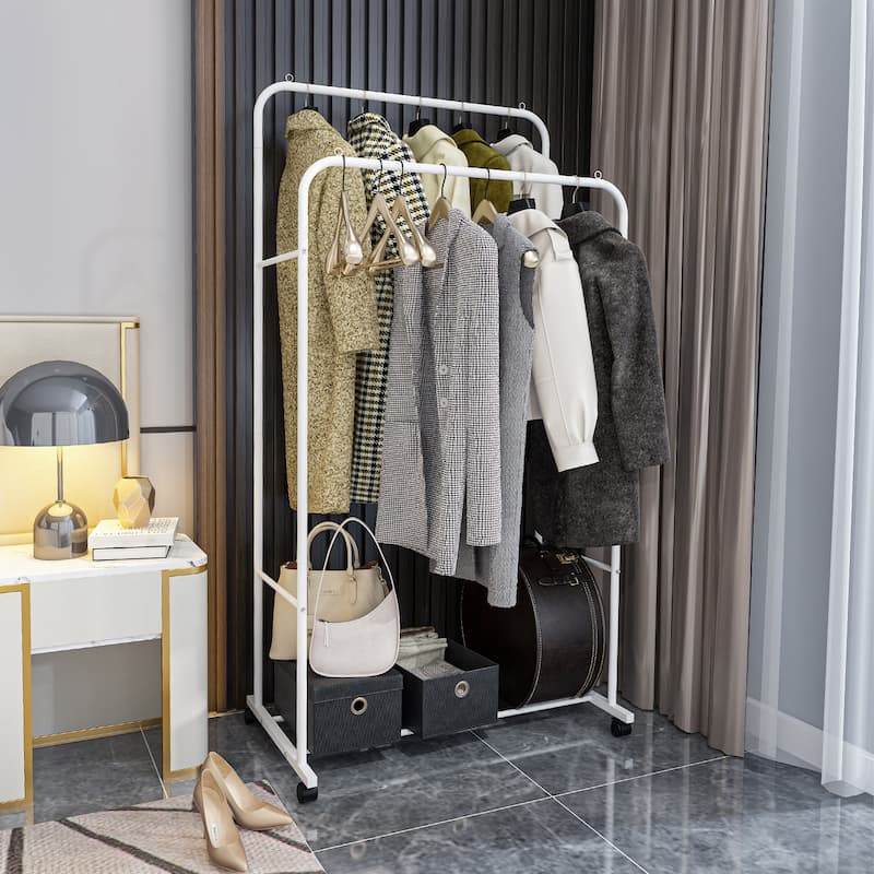 Heavy Duty Clothes Rack Double Rod Clothing Stand with Shelf - 31.4x20x61 inch