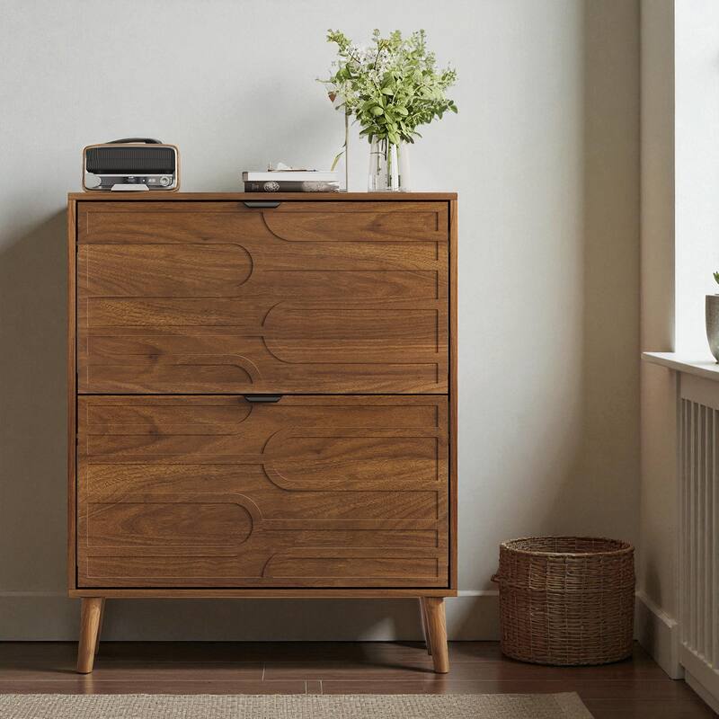 31.5" Walnut Shoe Cabinet with 2 Flip Drawers, Modern Farmhouse Shoe Storage Organizer for Entryway or Hallway