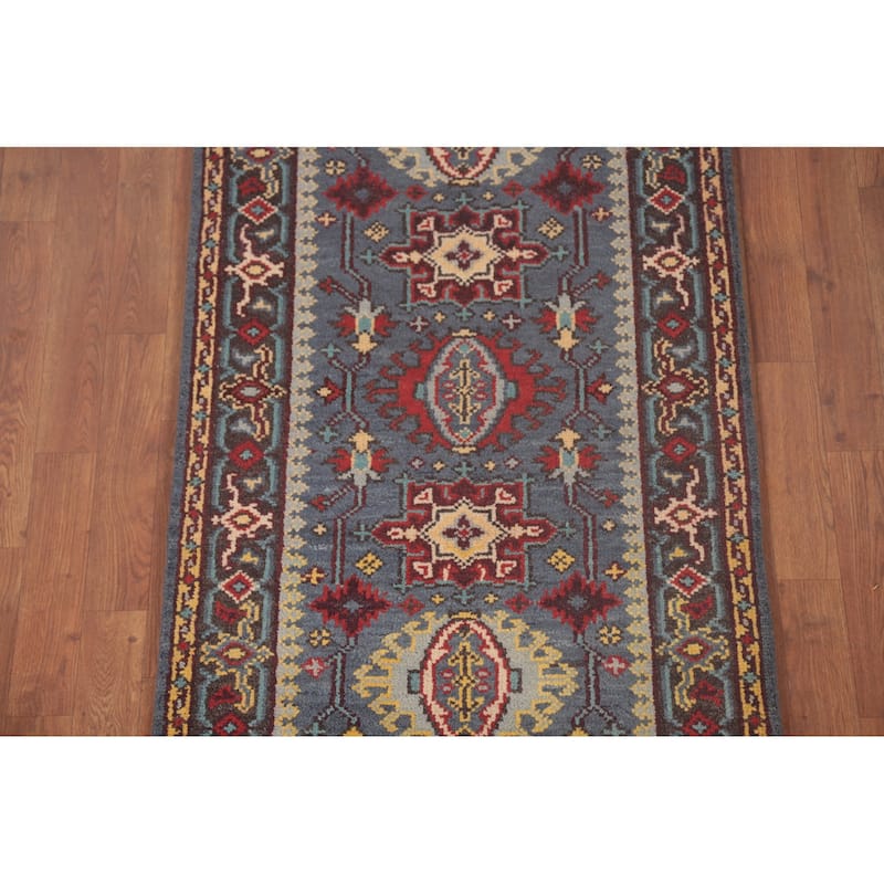 Geometric Kazak Runner Rug Handmade Blue Traditional Wool Carpet - 2'8"x 8'0"