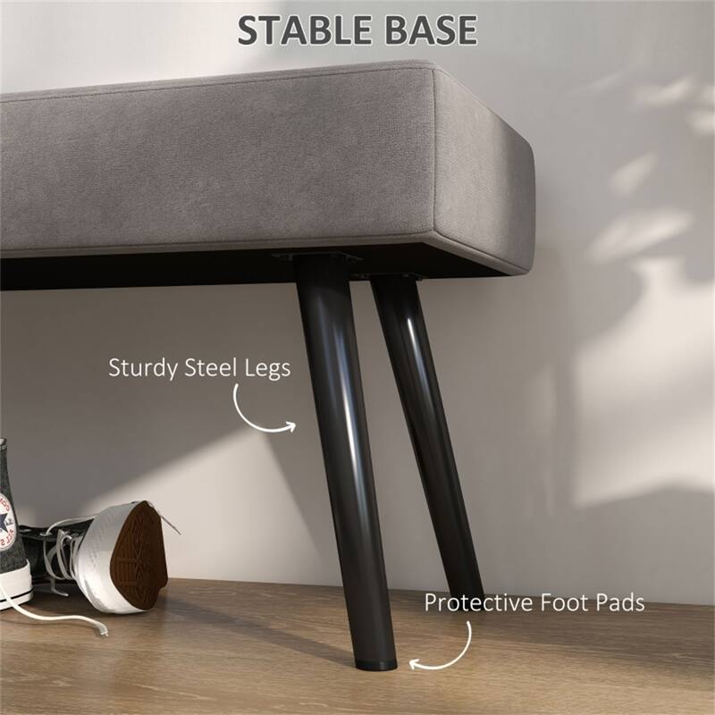 Grey Velvet Upholstered Bench with Steel Legs and Foot Pads Ideal for Bedroom or Entryway - 39.25" W x 14.25" D x 17.75" H