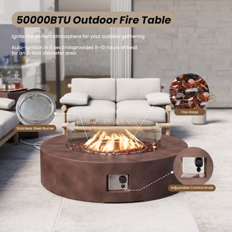 SUNBURY 42''Round Propane Fire Pit w Wind Guard and Fire Glass