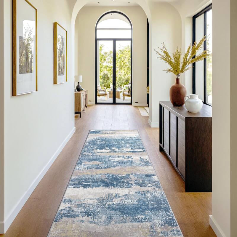 Mcow Modern Abstract Blue & Cream Low-Pile Area Rug