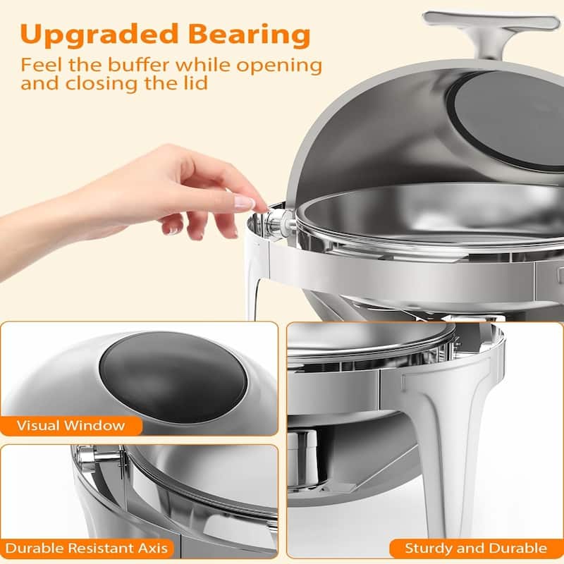 6.3 Quart Round Roll Top Chafing Dish Buffet Set with Glass Window for Party Wedding Banquet Graduation Event Silver - 6L