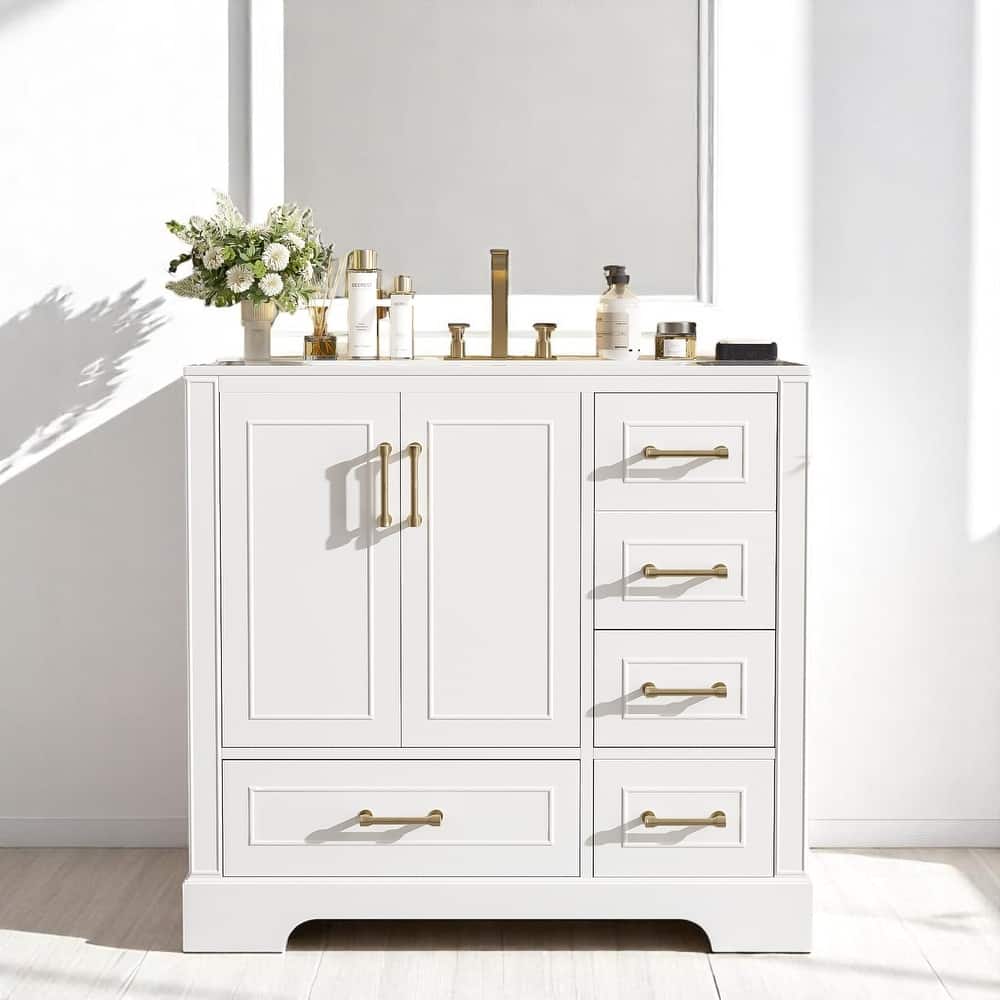 36 Inch Bathroom Vanity with Sink, Freestanding Cabinet with Gold Handles, Soft-Close Doors & Drawers