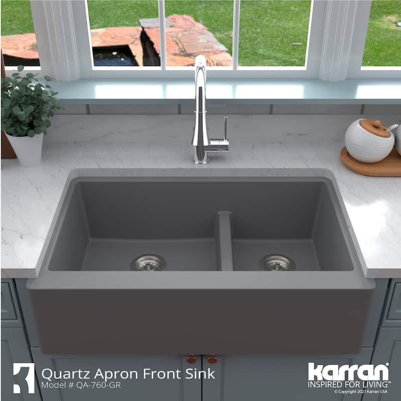 Karran Farmhouse/Apron-Front Quartz Double Bowl Kitchen Sink