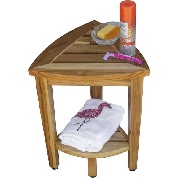Compact Teak Corner Shower or Outdoor Bench with Shelf in Natural Finish Compact Teak Corner Shower or Outdoor Bench with Shelf in Natural Finish