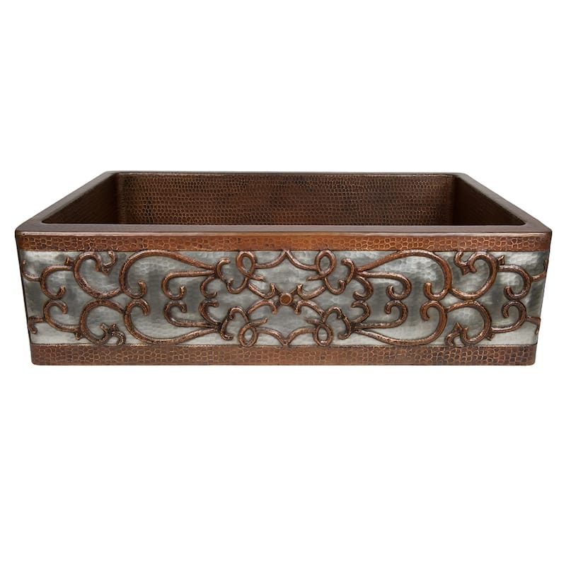 33-in Hammered Copper Kitchen Apron Single Basin Sink w/ Scroll Design and Accessories (KSP3_KASDB33229S-NB)