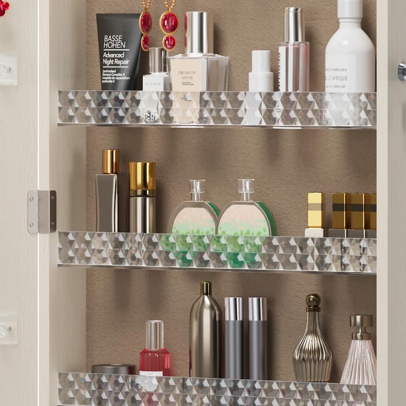 Jewelry Armoire Organizer with Full Length Mirror, Door or Wall Mounted,Lockable Storage Cabinet, Interior Mirror, White