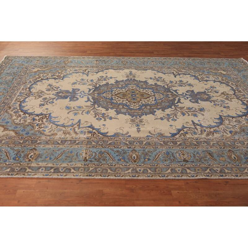 Traditional Beige Tabriz Persian Rug Handmade Wool Carpet - 7'6"x 10'10"