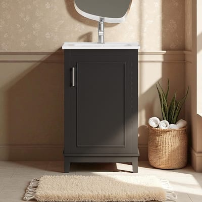 20" Small Bathroom Vanity with Ceramic Sink, Soft-Close Door, Double Shelf Storage, Modern Freestanding Cabinet
