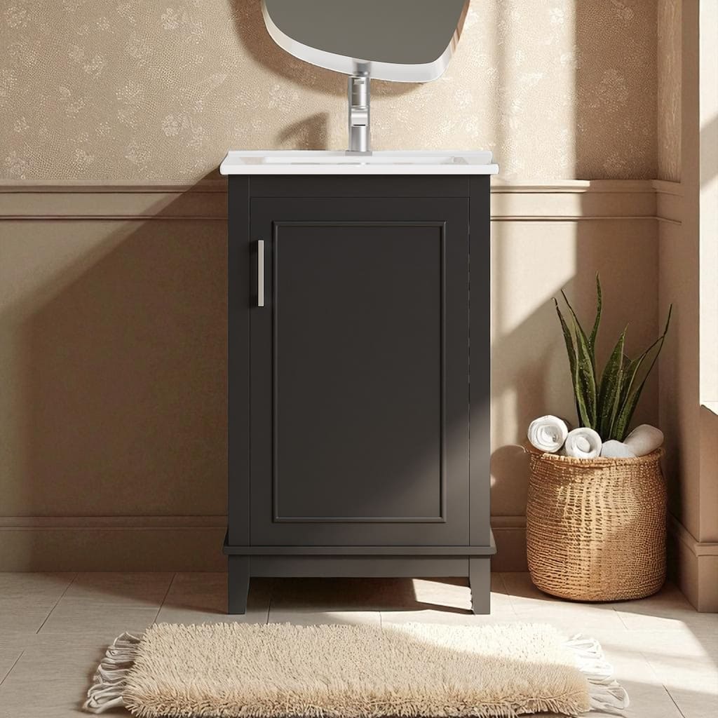 20" Small Bathroom Vanity with Ceramic Sink, Soft-Close Door, Double Shelf Storage, Modern Freestanding Cabinet