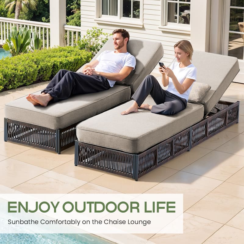 ArcoBay Brown Wicker Outdoor Patio Chaise Lounge with 5-Inch Thick Cushions