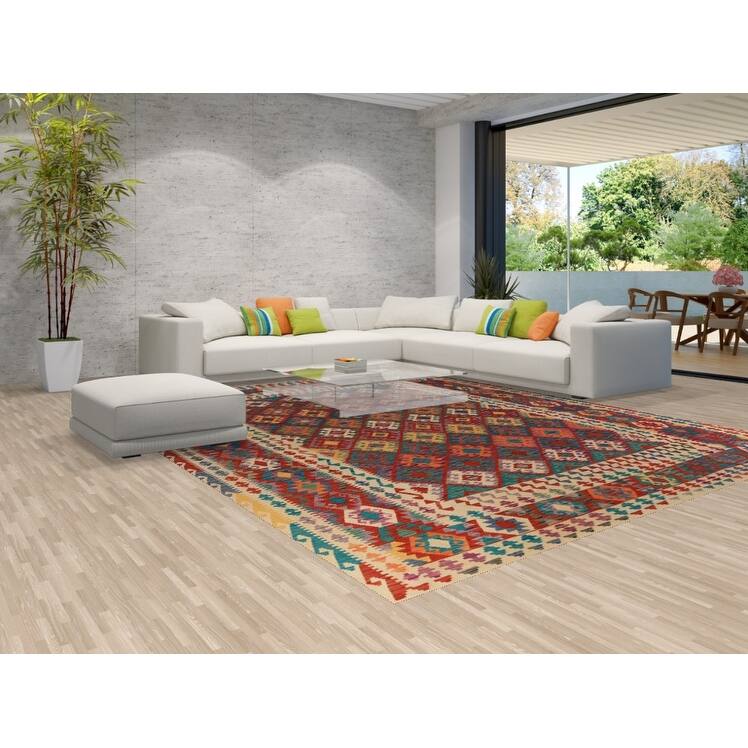Geometric Trellis Kilim Oriental Area Rug Hand-Woven Wool Carpet - 10'5"x 13'0"