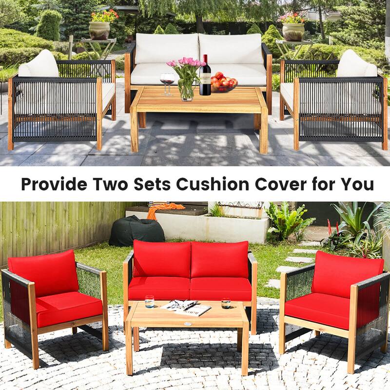 Costway 4 PCS Wood Outdoor Patio Furniture Set with Cushions White Red - See Details
