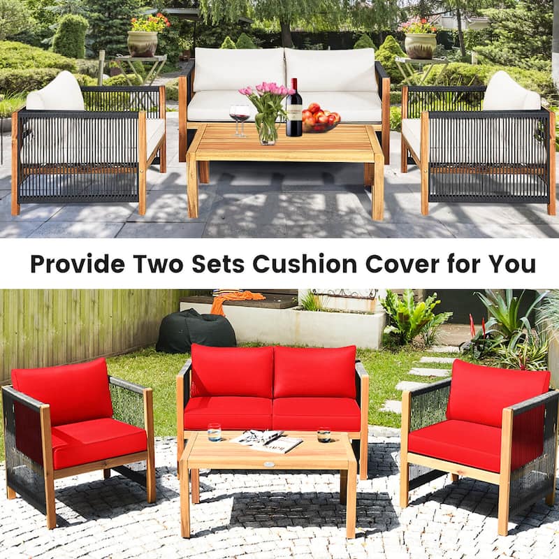 Costway 8 PCS Wood Outdoor Patio Furniture Set with Cushions White Red - See Details