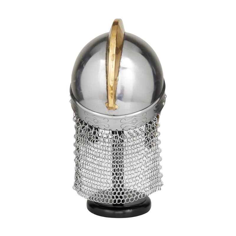 Metal Replica Medieval Knight Crusader Helmet with Black Wood Stand and Chainmail - Silver - Roche River Decor