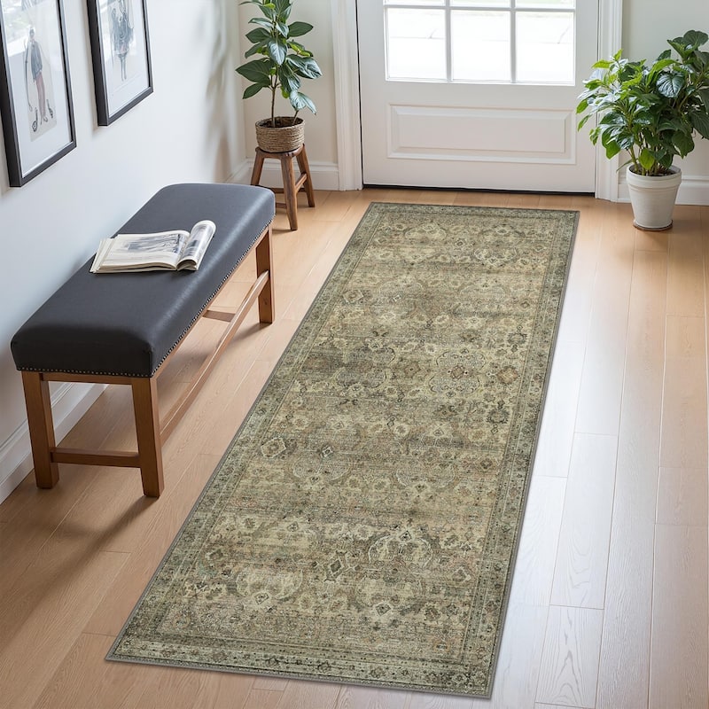 Mcow Vintage Floral Low-Pile Machine Washable Non-Slip Area Rug - 2'X10' - Sage - Runner