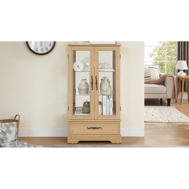Roomfitters Retro Glass Cabinet Lighted Glass Cabinet Curio Display Cabinet with Adjustable Glass Shelves