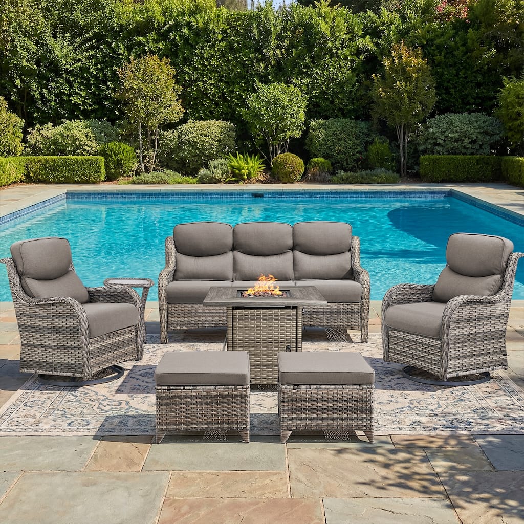 Pocassy Outdoor Propane Fire Table with Sofa Swivel Chair Ottoman Funiture Set.