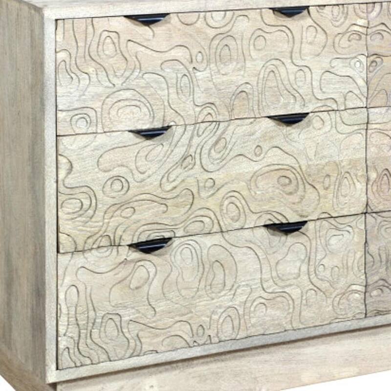 HomeRoots 57" Gray Carved Geometric Solid Wood Six Drawer Dresser