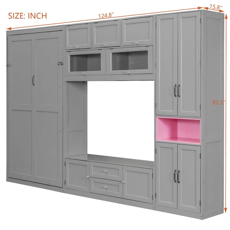 Space Saving Twin Murphy Bed, Wall Bed Unit with TV Console, Drawers and Storage Cabinets