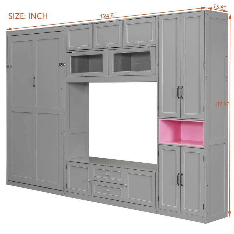 Space-Saving Twin Murphy Bed with TV Stand, Storage Drawers & Shelves in Gray